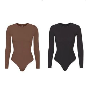 Skims Long Sleeve Crewneck Bodysuit bundle in Onyx and Jasper